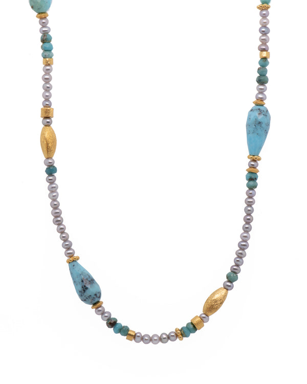 Turquoise and Grey Pearl 3MM Necklace 24K Fair Trade Gold Vermeil