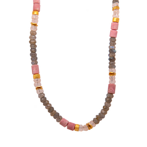 Labradorite, Rose Quartz and Tulite 5mm Necklace 24K Fair Trade Gold Vermeil