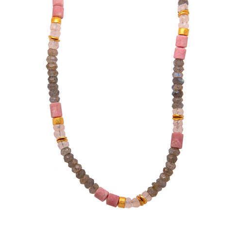 Labradorite, Rose Quartz and Tulite 5mm Necklace 24K Fair Trade Gold Vermeil