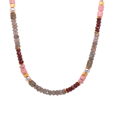 Labradorite, Garnet, Tulite and Grey Pearl 5mm Necklace 24K Fair Trade Gold Vermeil