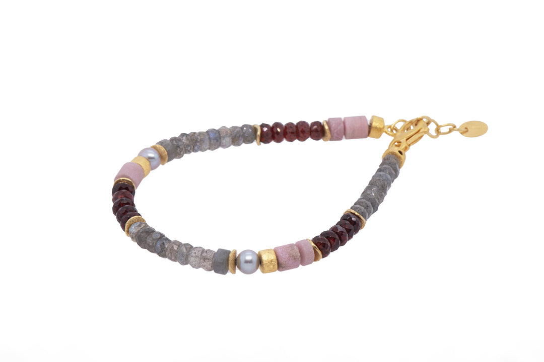 Labradorite, Garnet, Rhodonite and Grey Pearl 5mm Jewelry Set 24K Fair Trade Gold Vermeil Bracelet