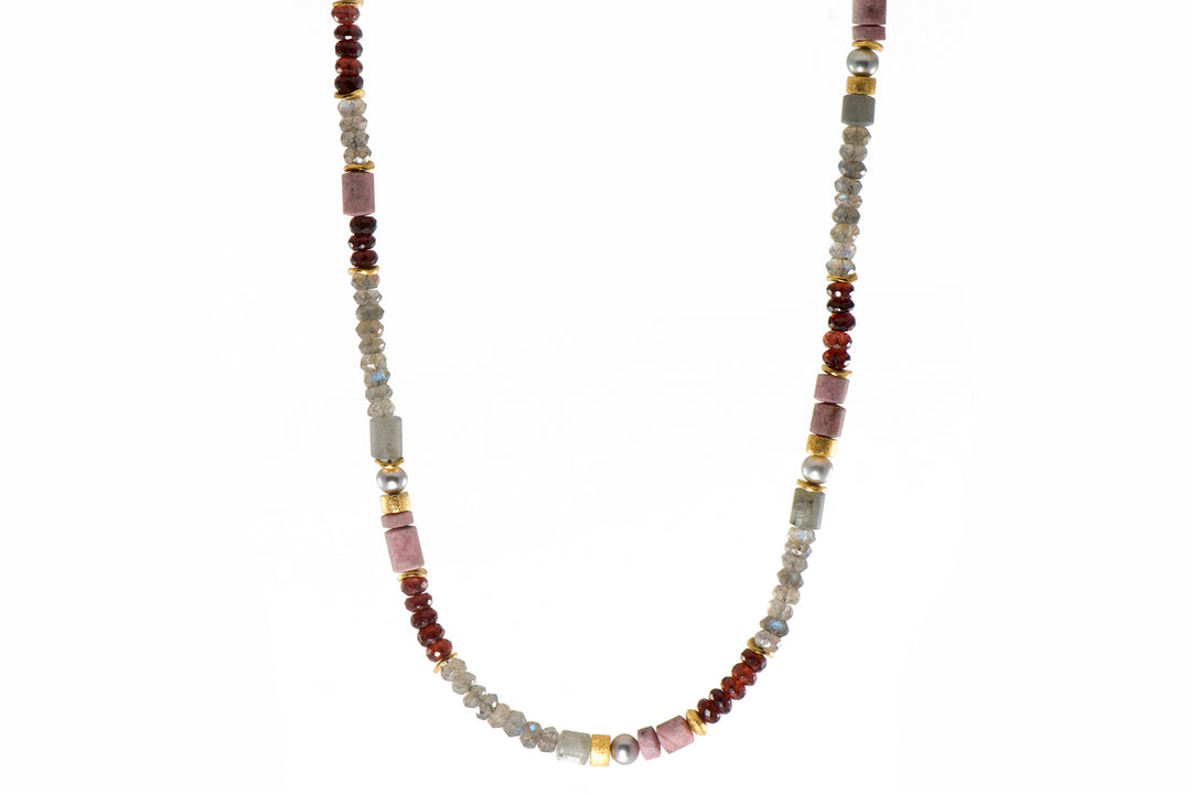 Labradorite, Garnet, Rhodonite and Grey Pearl 5mm Jewelry Set 24K Fair Trade Gold Vermeil Necklace