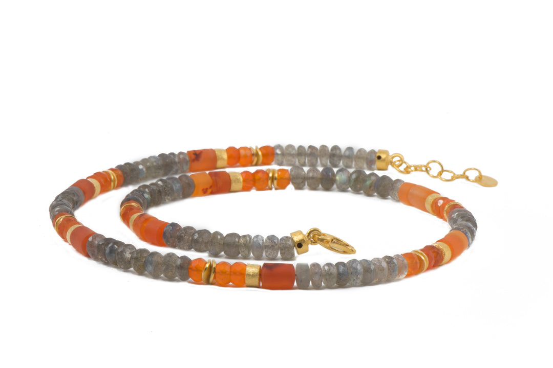 Labradorite and Carnelian Necklace and Bracelet 5mm 24K Fair Trade Gold Vermeil Necklace