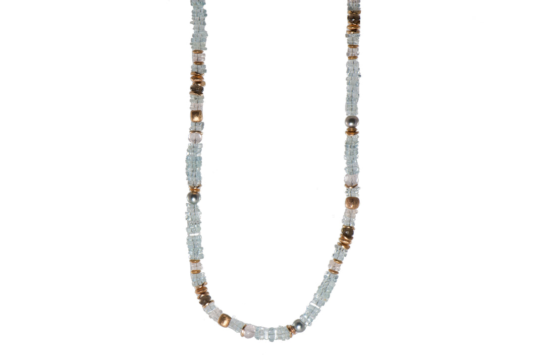 Aquamarine Chips, Rose Quartz, Smoky Quartz and Pearls 5mm Necklace 24K Fair Trade Gold Vermeil