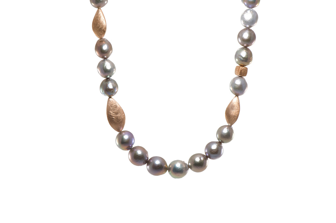 Grey Pearl and Flame Post Barouqe Necklace Fair Trade 24K Gold Vermeil