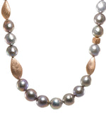 Load image into Gallery viewer, Grey Pearl and Flame Post Barouqe Necklace Fair Trade 24K Gold Vermeil