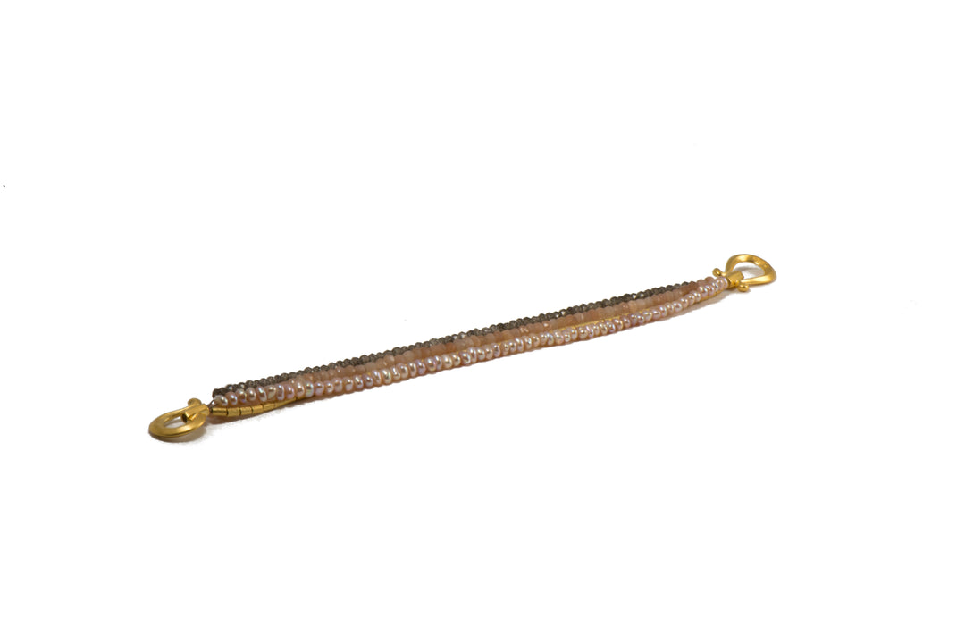 Multi Strand Peach Moonstone, Smoky Quartz, Natural Pearls and Gold Tube Jewelry 24K Fair Trade Gold Vermeil Bracelet