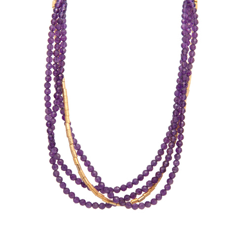 Multi Strand Amethyst and Gold Tube Necklace 24K Fair Trade Gold Vermeil