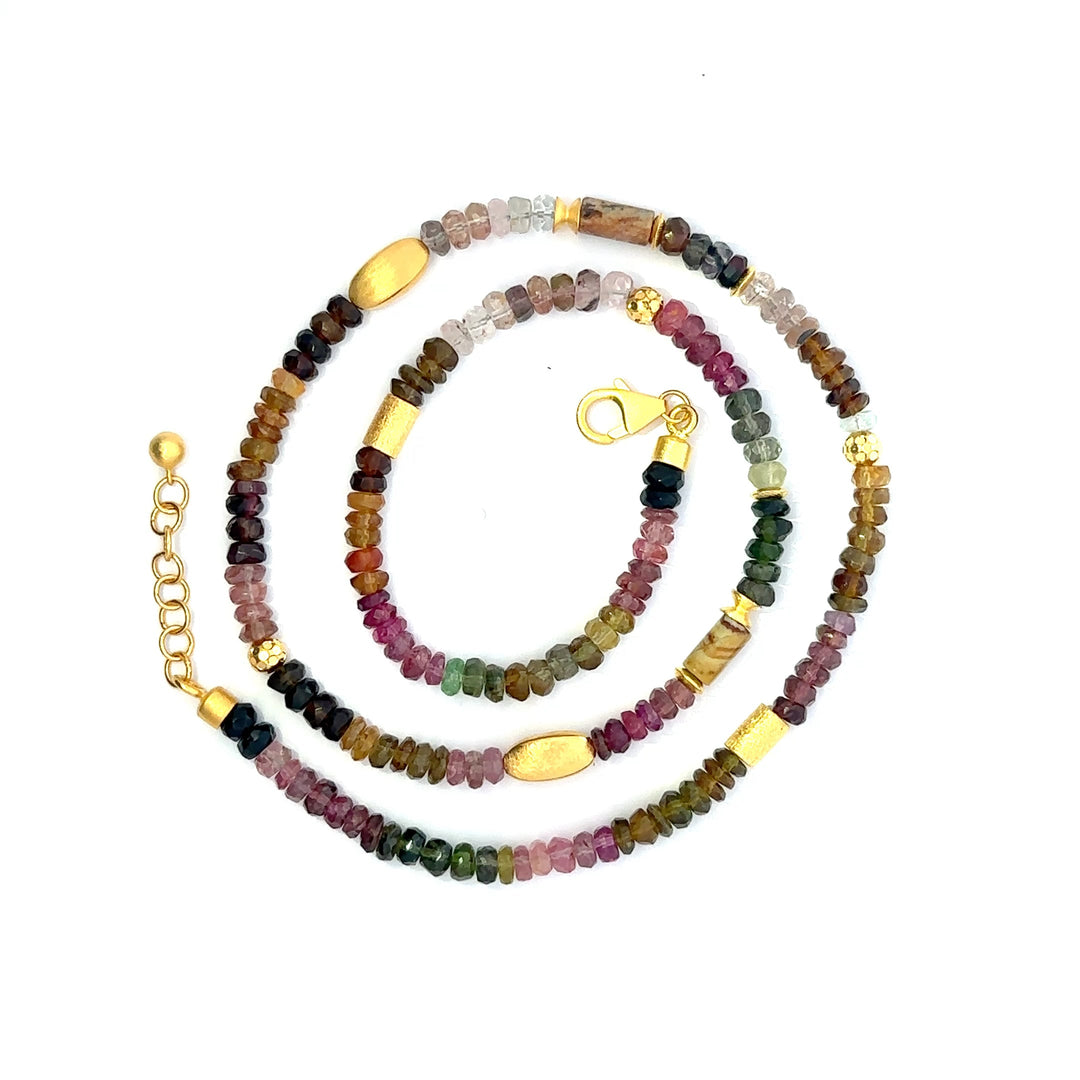Multi Tourmaline 4MM Beaded Necklace 24K Gold Vermeil