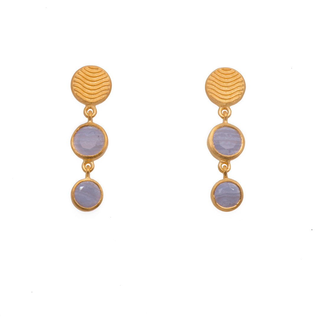 Serenity 2 Bezel Drop Earrings 24K Gold Vermeil Striped Chalcedony