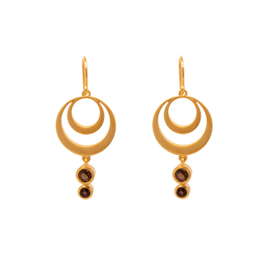 STRENGTH DOUBLE CIRCLE SMOKY QUARTZ WIRE EARRINGS 24K GOLD VERMEIL - Joyla Jewelry
