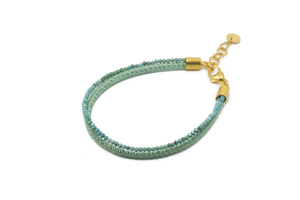 TWO STRAND FACETED TURQUOISE & LEATHER BRACELET FAIR TRADE 24K GOLD VERMEIL - Joyla Jewelry