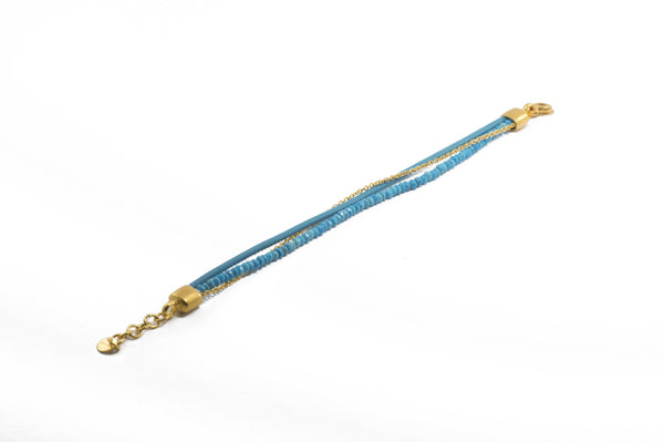 THREE STRAND BRACELET FACETED TURQUOISE, TURQUOISE LEATHER AND CHAIN FAIR TRADE 24K GOLD VERMEIL - Joyla Jewelry