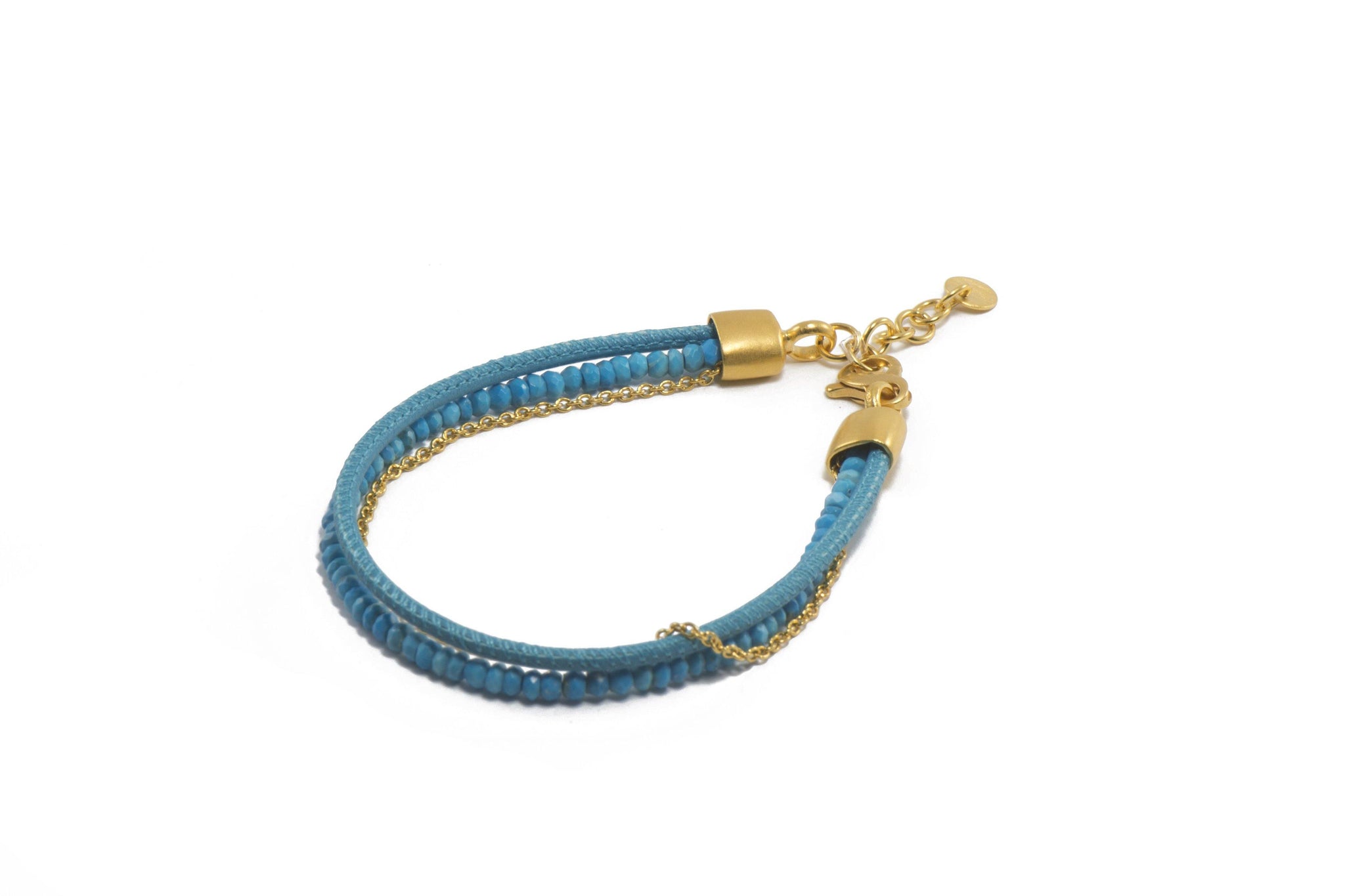 THREE STRAND BRACELET FACETED TURQUOISE, TURQUOISE LEATHER AND CHAIN FAIR TRADE 24K GOLD VERMEIL - Joyla Jewelry