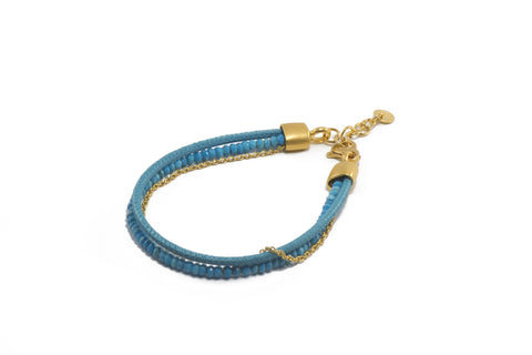 THREE STRAND BRACELET FACETED TURQUOISE, TURQUOISE LEATHER AND CHAIN FAIR TRADE 24K GOLD VERMEIL - Joyla Jewelry