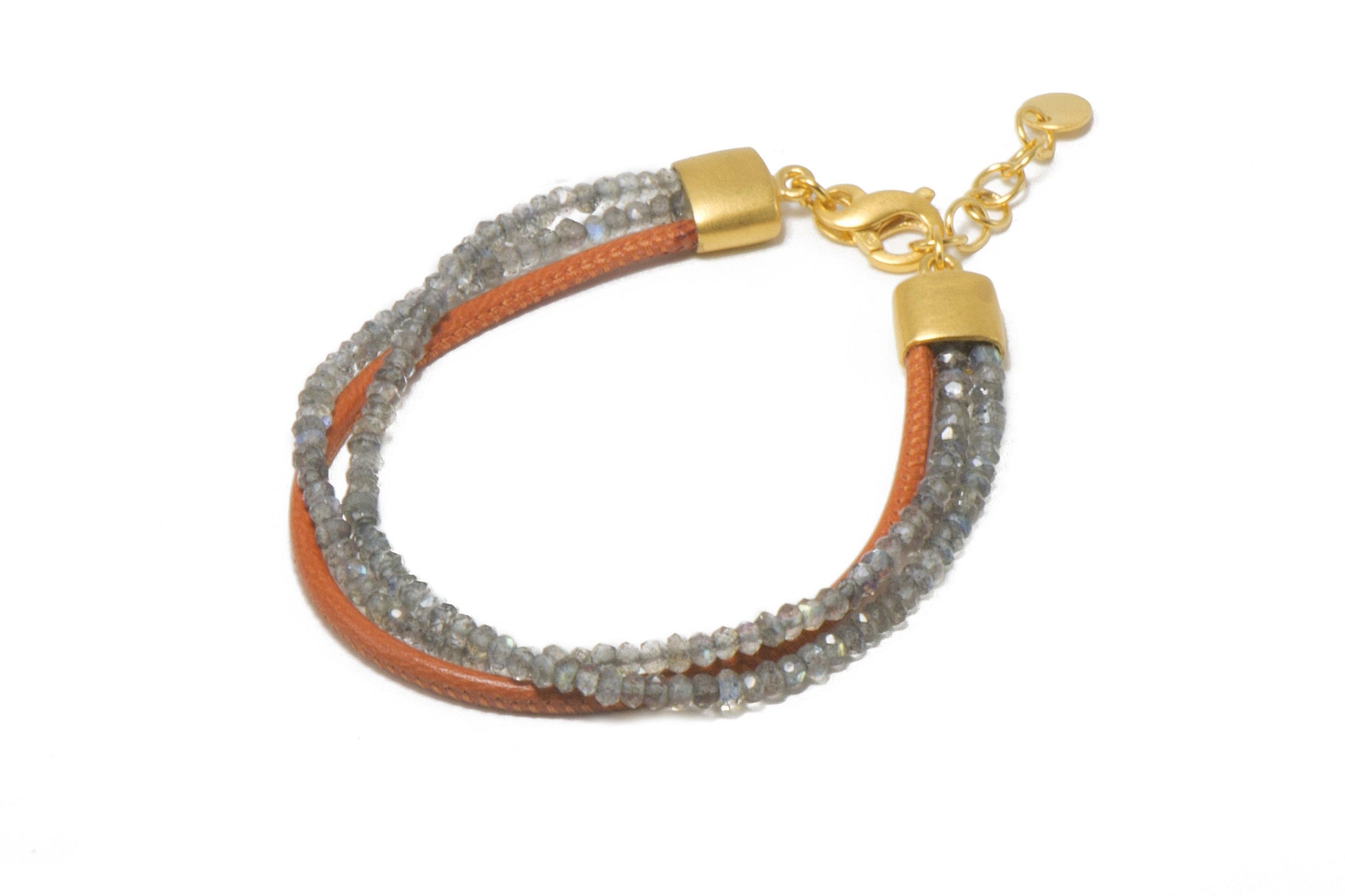 THREE STRAND BRACELET WITH FACETED LABRADORITE AND ORANGE LEATHER  FAIR TRADE 24K GOLD VERMEIL - Joyla Jewelry
