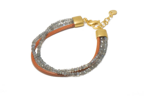 THREE STRAND BRACELET WITH FACETED LABRADORITE AND ORANGE LEATHER  FAIR TRADE 24K GOLD VERMEIL - Joyla Jewelry