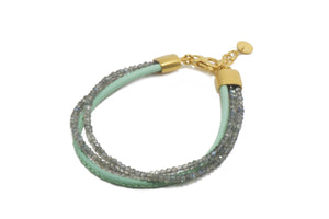 THREE STRAND BRACELET WITH FACETED LABRADORITE & MINT LEATHER FAIR TRADE 24K GOLD VERMEIL - Joyla Jewelry