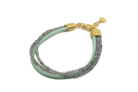 THREE STRAND BRACELET WITH FACETED LABRADORITE & MINT LEATHER FAIR TRADE 24K GOLD VERMEIL - Joyla Jewelry