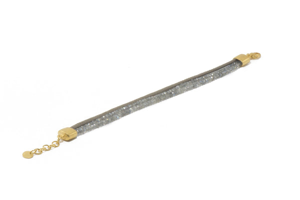 THREE STRAND BRACELET FACETED LABRADORITE & GREY LEATHER FAIR TRADE 24K GOLD VERMEIL - Joyla Jewelry