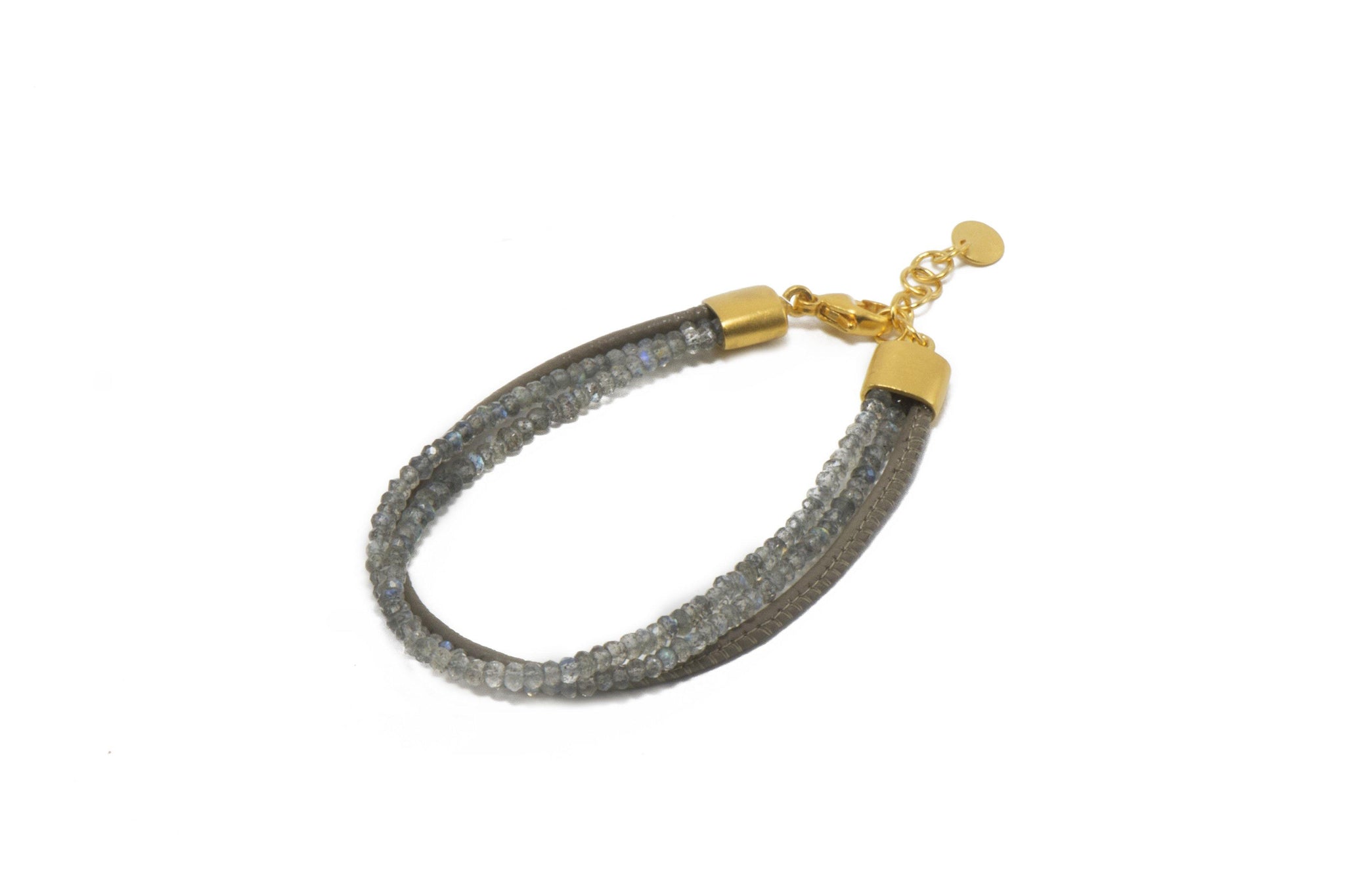 THREE STRAND BRACELET FACETED LABRADORITE & GREY LEATHER FAIR TRADE 24K GOLD VERMEIL - Joyla Jewelry