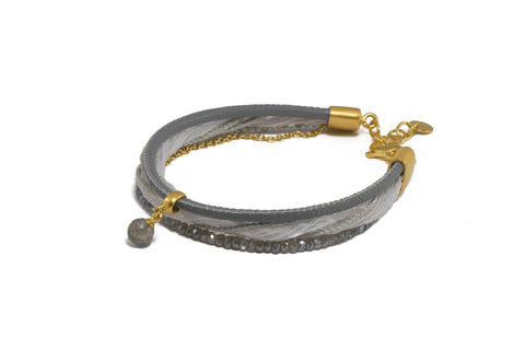 FOUR STRAND BRACELET WITH LABRADORITE, GREY LEATHER, GREY SILK, CHAIN AND A LABRADORITE PENDANT FAIR TRADE 24K GOLD VERMEIL - Joyla Jewelry
