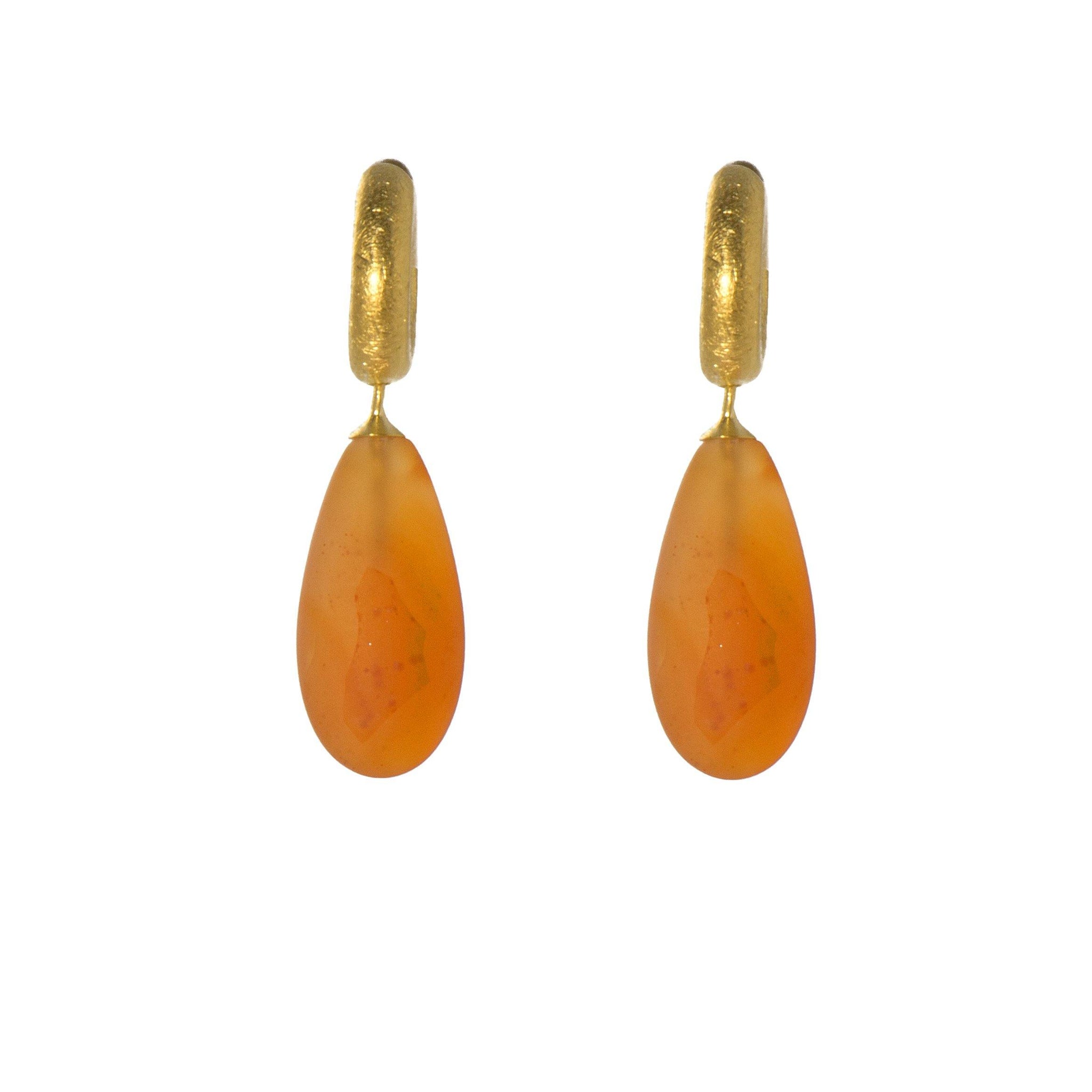 HUGGIE HOOP EARRINGS WITH A MATTE CARNELIAN DROP FAIR TRADE 24K GOLD VERMEIL - Joyla Jewelry