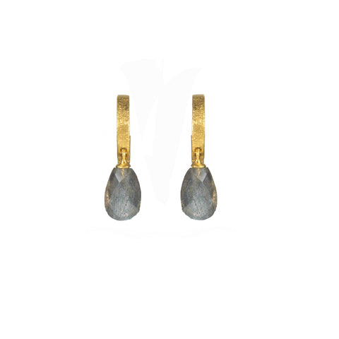 HUGGIE HOOP EARRINGS WITH A FACETED LABRADORITE DROP FAIR TRADE 24K GOLD VERMEIL - Joyla Jewelry