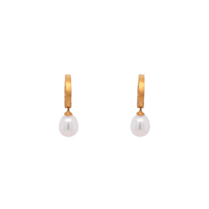 White Pearl Drop Huggie Hoop Earrings 24K Fair Trade Gold Vermeil