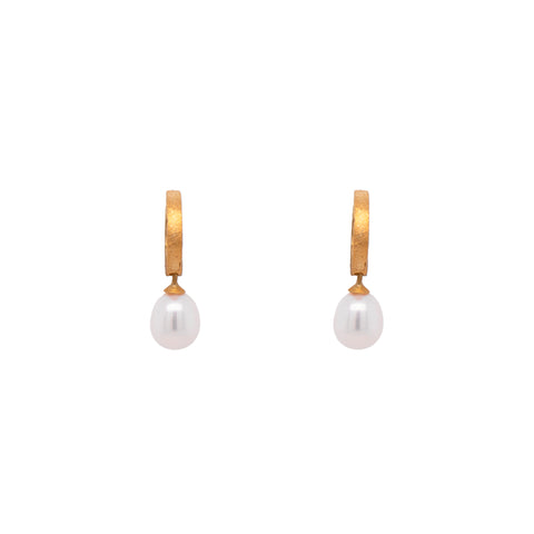 Huggie Hoop White Pearl Drop Earrings 24K Fair Trade Gold Vermeil