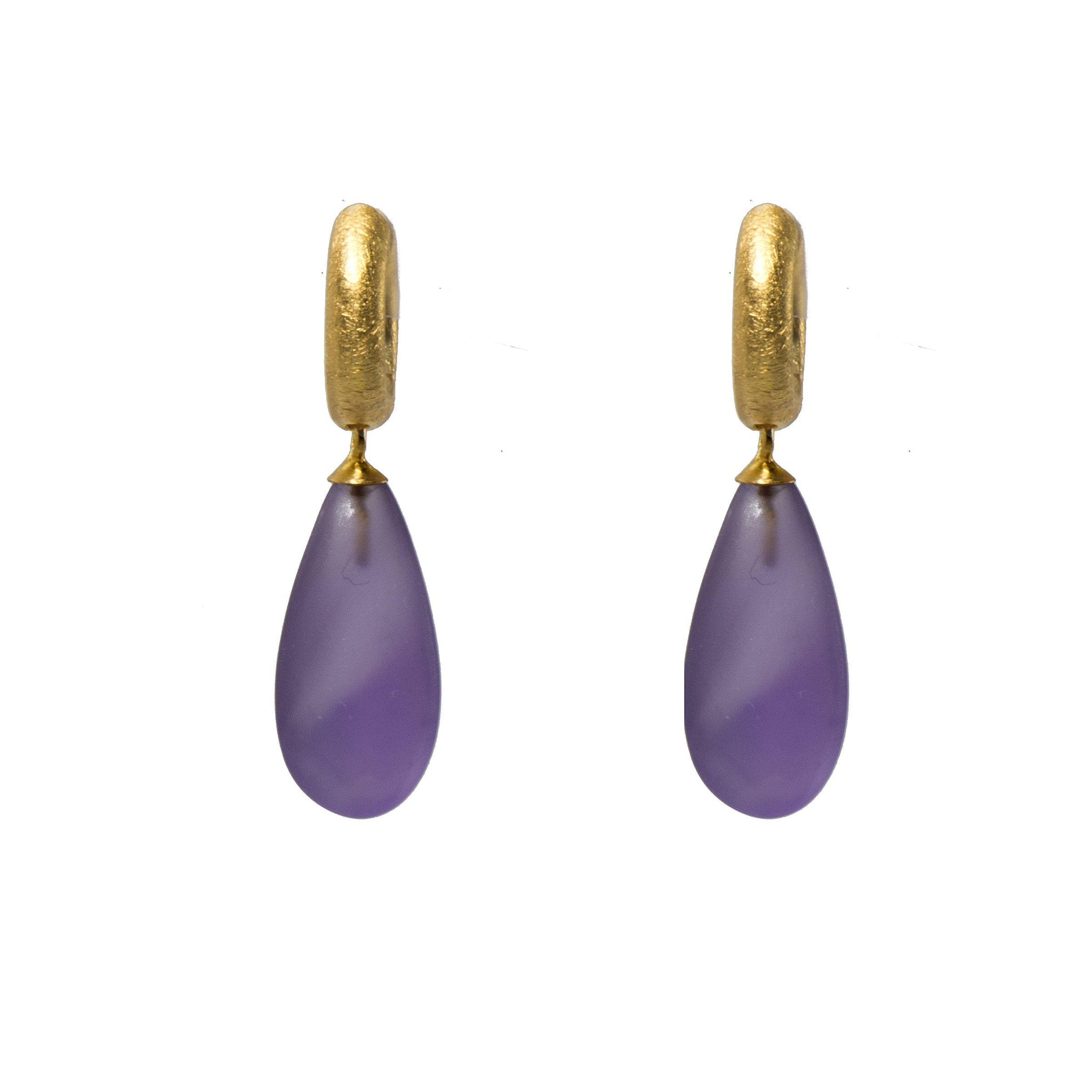 HUGGIE MATTE EARRINGS WITH MATTE AMETHYST DROP FAIR TRADE 24K GOLD VERMEIL - Joyla Jewelry