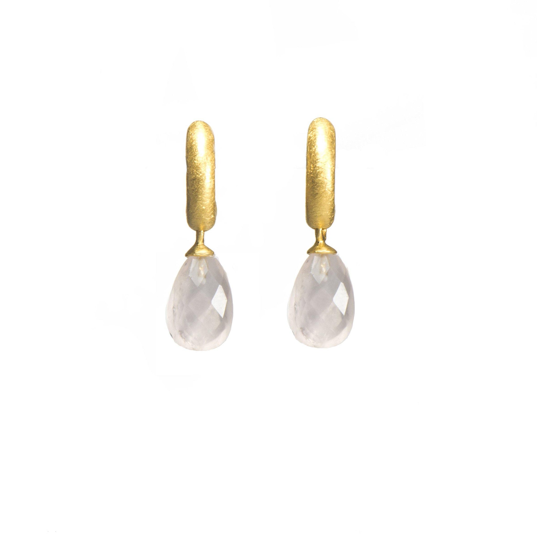 HUGGIE HOOP EARRINGS WITH A FACETED ROSE QUARTZ DROP 24K GOLD VERMEIL - Joyla Jewelry