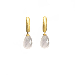 HUGGIE HOOP EARRINGS WITH A FACETED ROSE QUARTZ DROP 24K GOLD VERMEIL - Joyla Jewelry