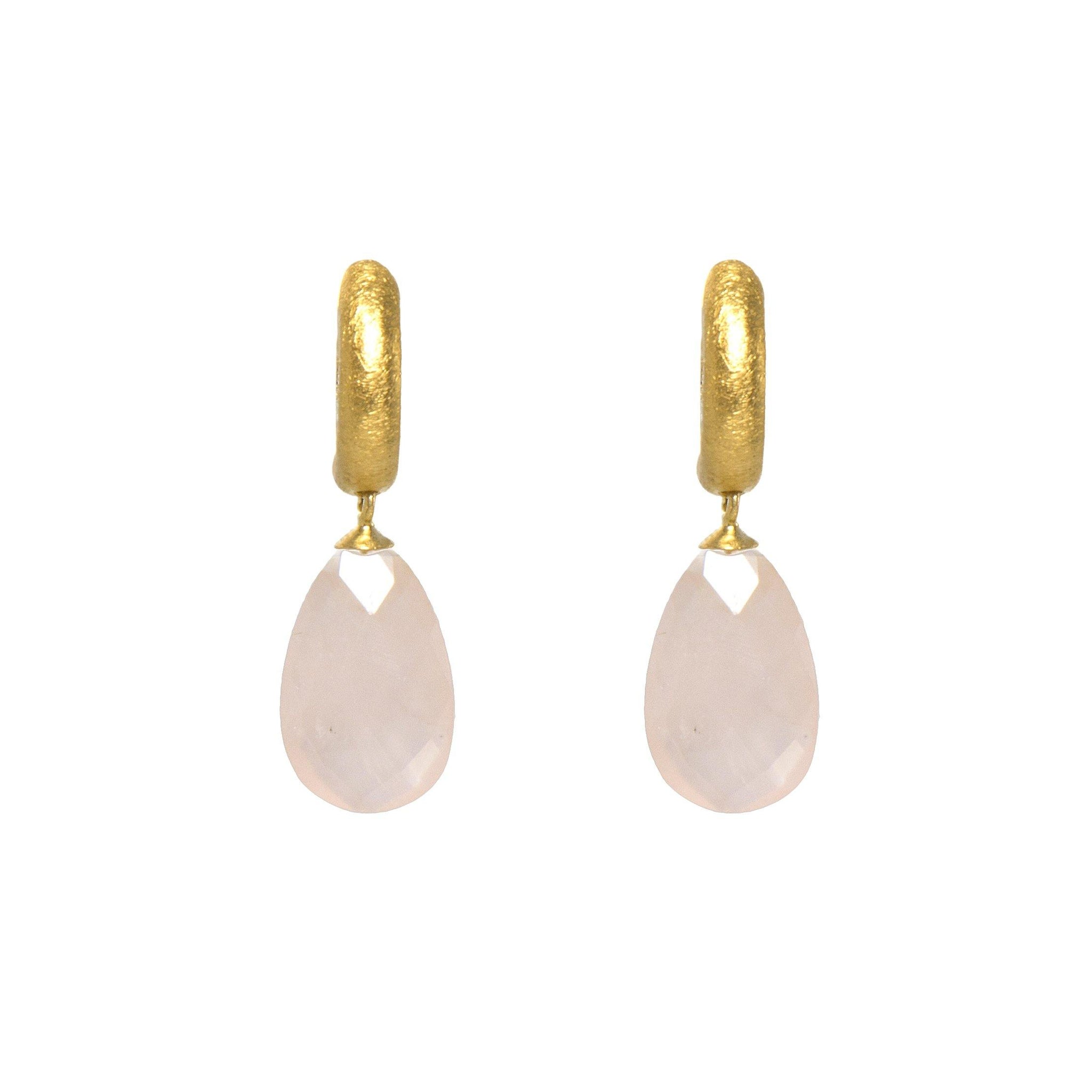 HUGGIE HOOP EARRINGS WITH A FACETED ROSE QUARTZ DROP FAIR TRADE 24K GOLD VERMEIL - Joyla Jewelry