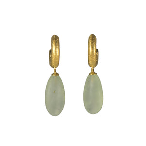 HUGGIE HOOP EARRINGS WITH A MATTE PREHNITE DROP FAIR TRADE 24K GOLD VERMEIL - Joyla Jewelry