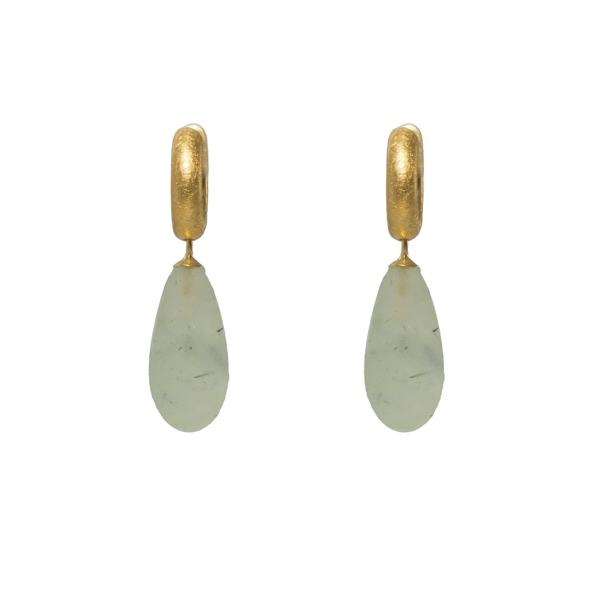 HUGGIE HOOP EARRINGS WITH A MATTE PREHNITE DROP FAIR TRADE 24K GOLD VERMEIL - Joyla Jewelry