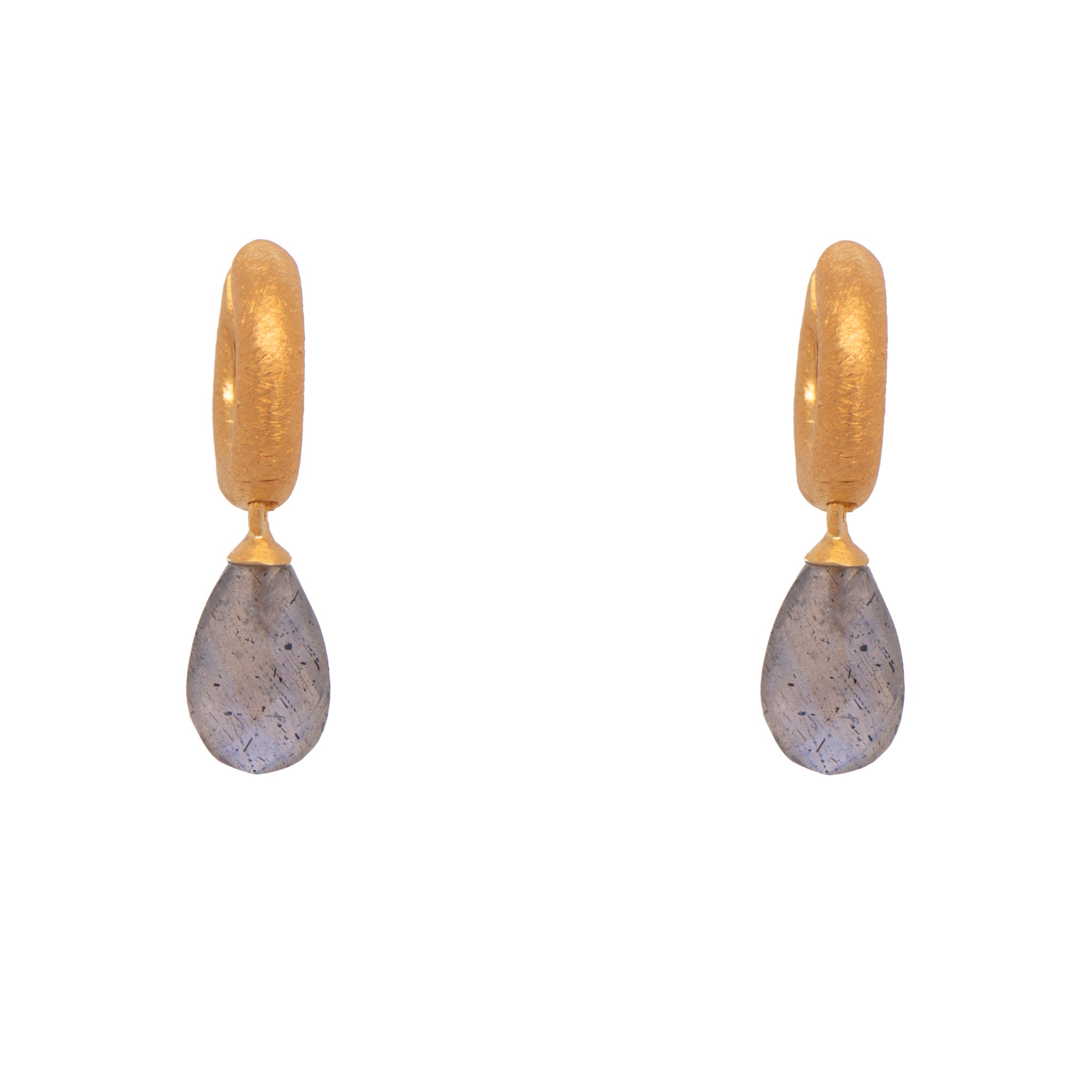 Labradorite Drop Huggie Hoop Earrings 24K Fair Trade Gold Vermeil