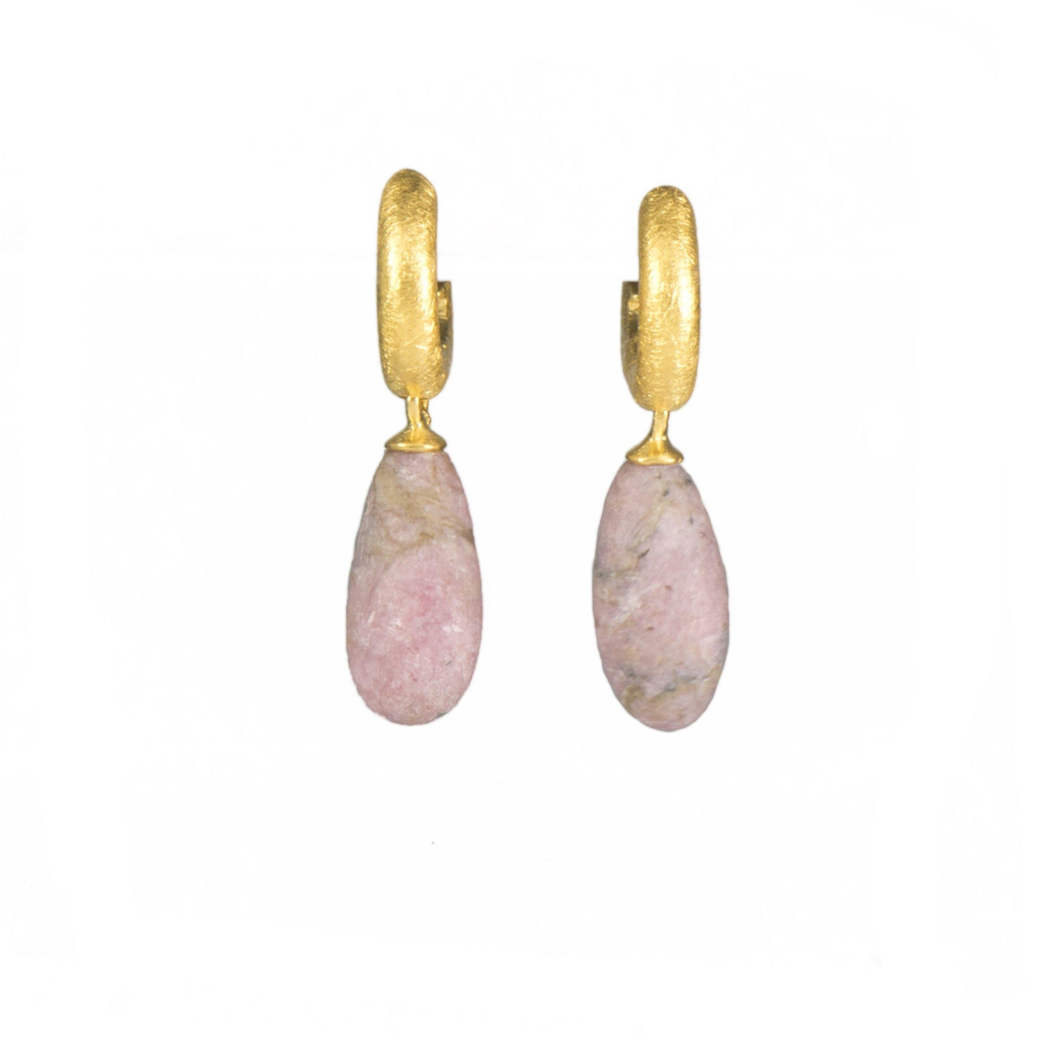 HUGGIE HOOP EARRINGS WITH A MATTE RHODONITE DROP FAIR TRADE 24K GOLD VERMEIL - Joyla Jewelry