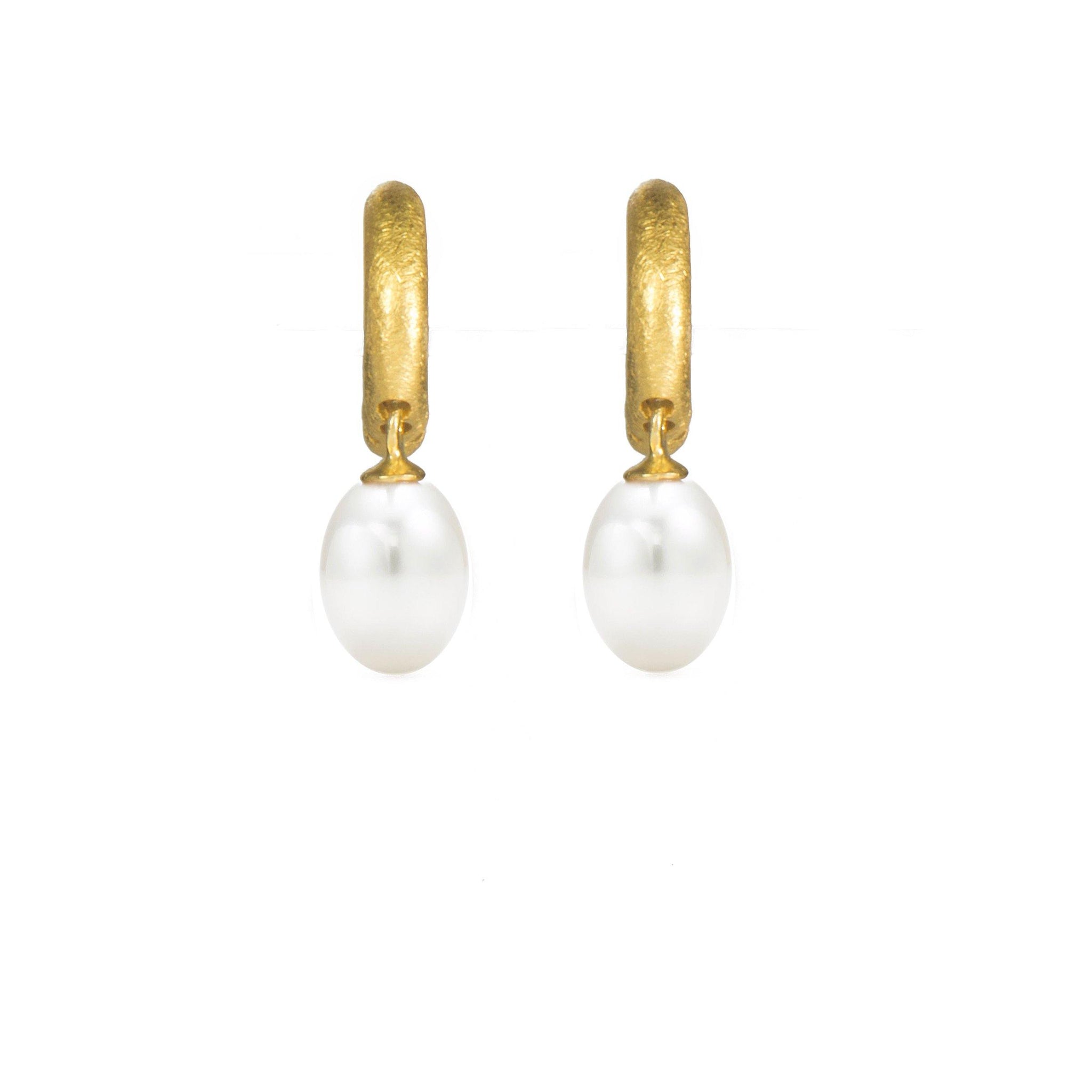 HUGGIE HOOP EARRINGS WITH A WHITE PEARL DROP FAIR TRADE 24K GOLD VERMEIL - Joyla Jewelry
