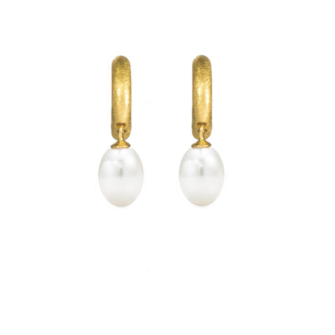 HUGGIE HOOP EARRINGS WITH A WHITE PEARL DROP FAIR TRADE 24K GOLD VERMEIL - Joyla Jewelry