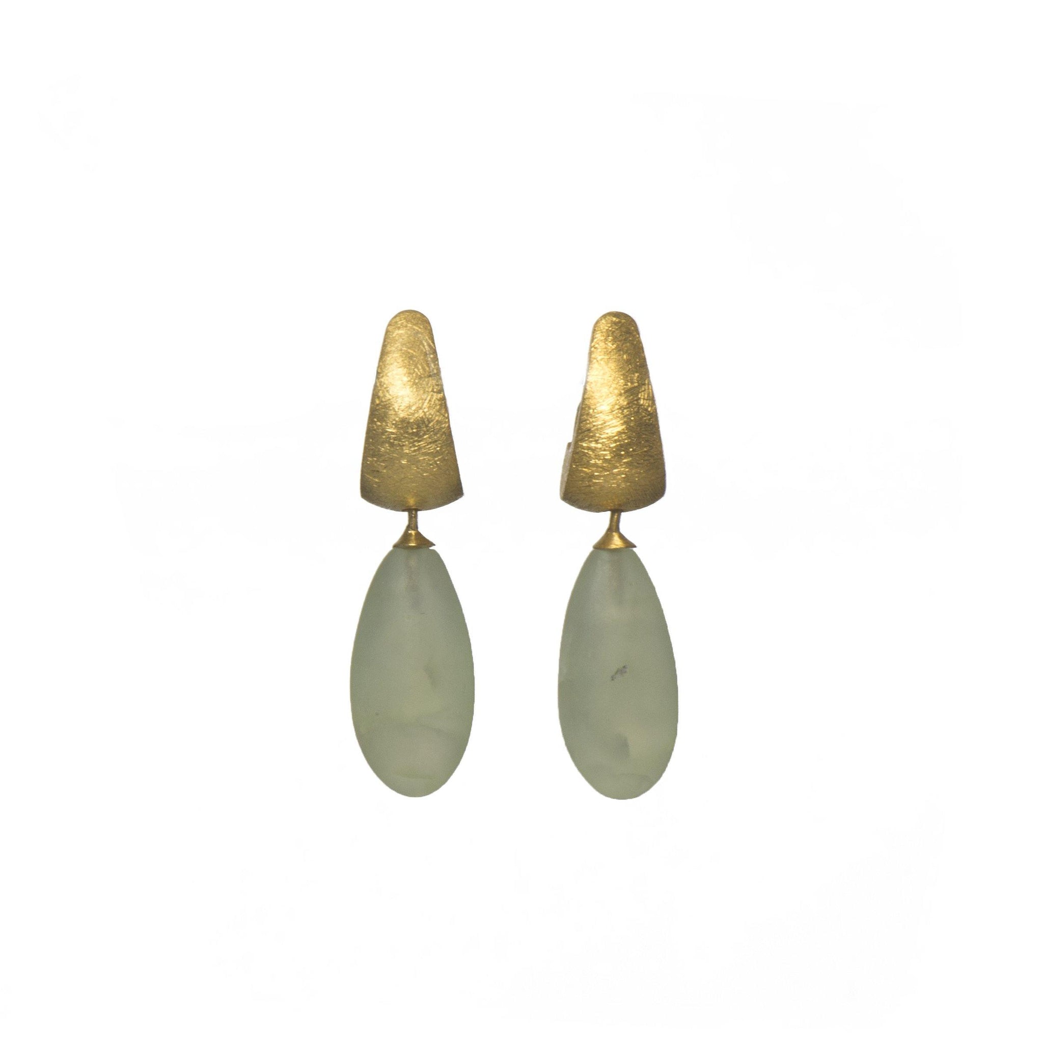 HUGGIE EARRINGS WITH A MATTE PREHNITE DROP FAIR TRADE 24K GOLD VERMEIL - Joyla Jewelry