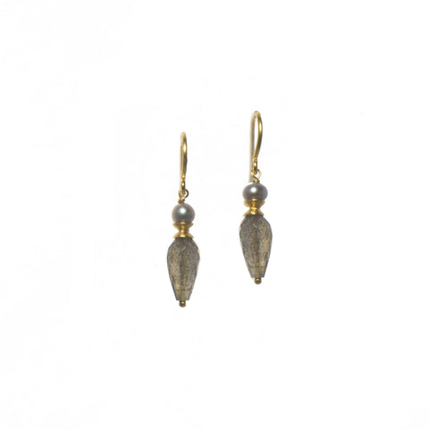 GREY PEARL AND FACETED LABRADORITE FRENCH WIRE EARRINGS FAIR TRADE 24K GOLD VERMEIL - Joyla Jewelry