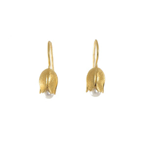 TULIP WITH  WHITE PEARL FRENCH WIRE EARRINGS FAIR TRADE 24K GOLD VERMEIL - Joyla Jewelry