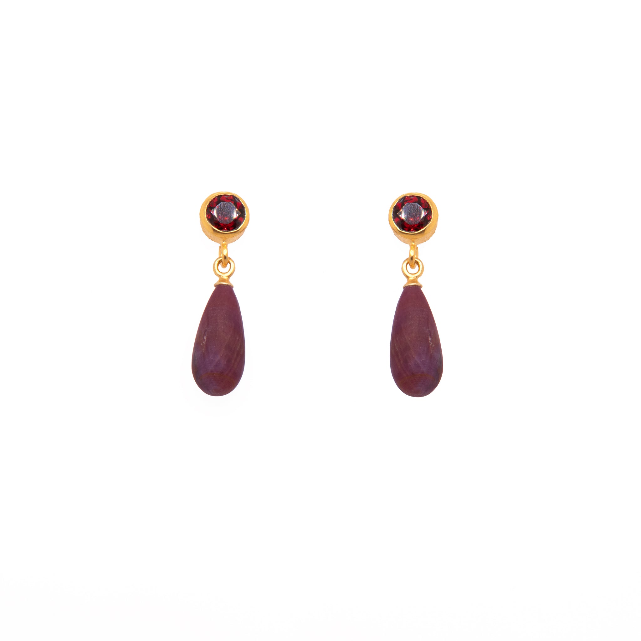 Drop Stud Garnet and Garnet Matte Earrings 24K Fair Trade Gold Vermeil