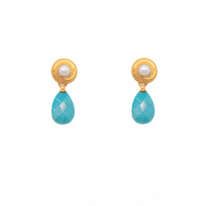 Turquoise Drop Pearl Earrings With Swirl 24K Fair Trade Gold Vermeil