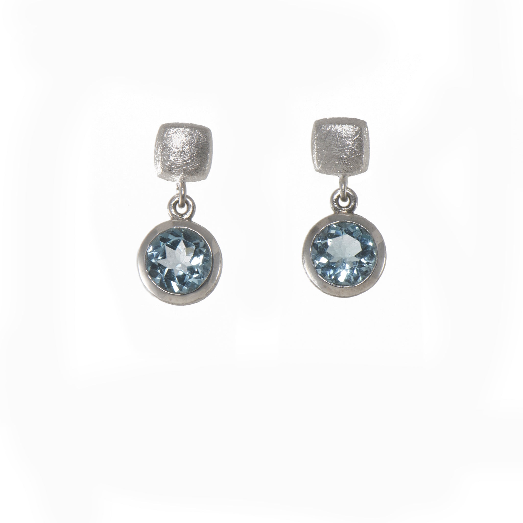 Blue Topaz Cube Round Earrings Silver Rhodium