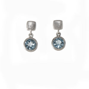 Blue Topaz Cube Round Earrings Silver Rhodium