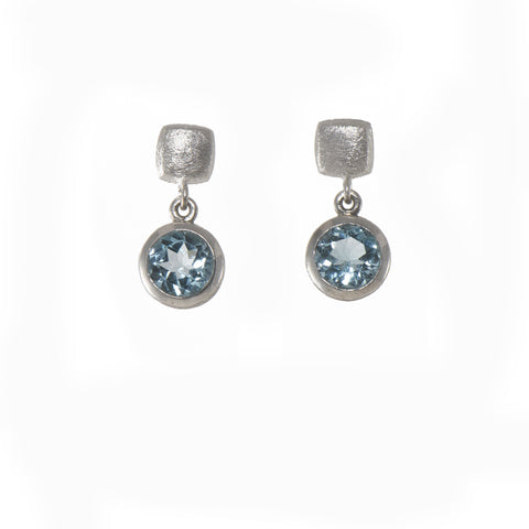 Blue Topaz Cube Round Earrings Silver Rhodium