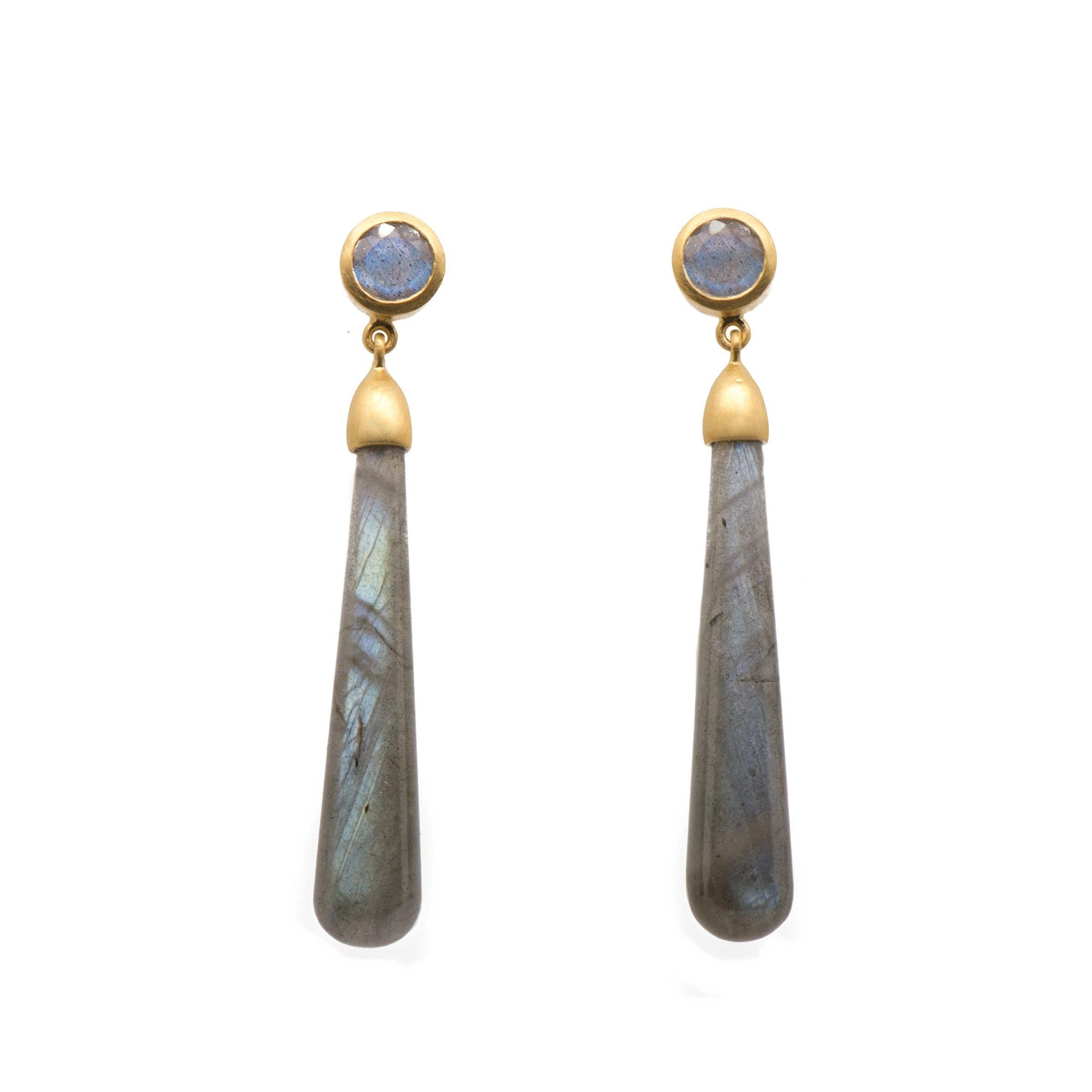 SIGNATURE LONG DROP CABOCHON EARRINGS IN LABRADORITE - Joyla Jewelry