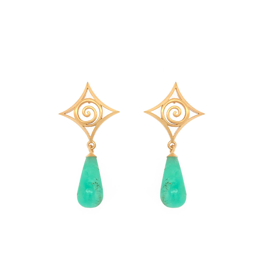 Gratitude Cabochon Drop Chrysoprase Post Earrings 24K Gold Vermeil